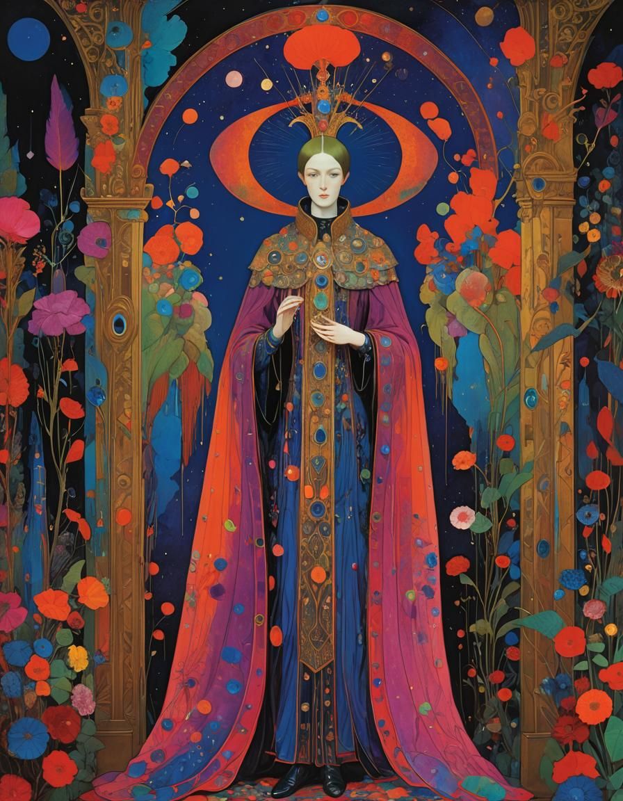 Glowing Neon Priestess in Space: Fauvist Acrylic Art