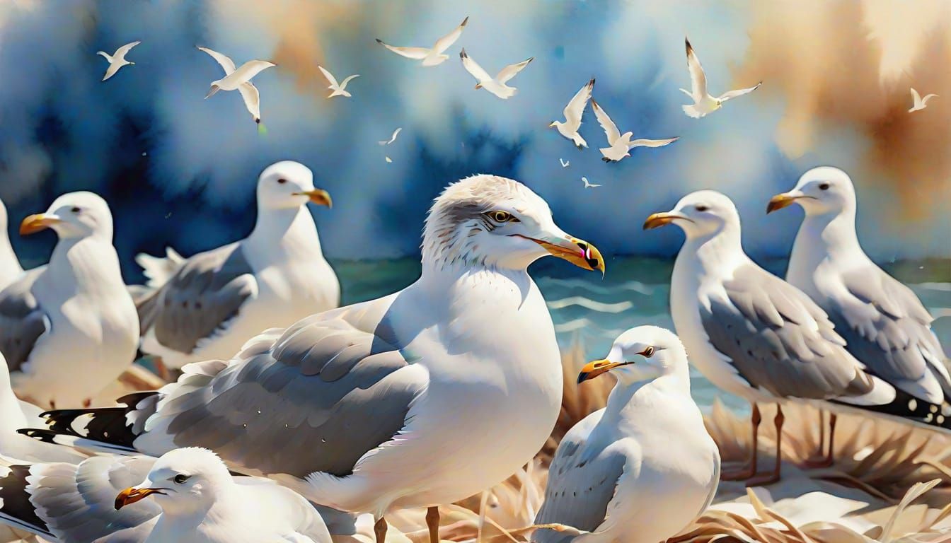 Dreamlike Gull Portrait in Watercolor Style