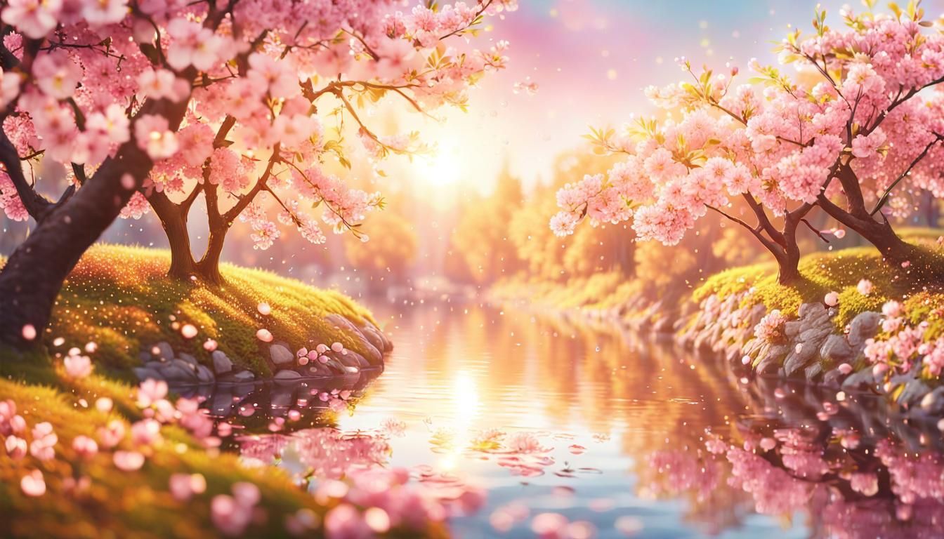Vibrant Cherry Blossoms in Photorealistic Autumn Landscape