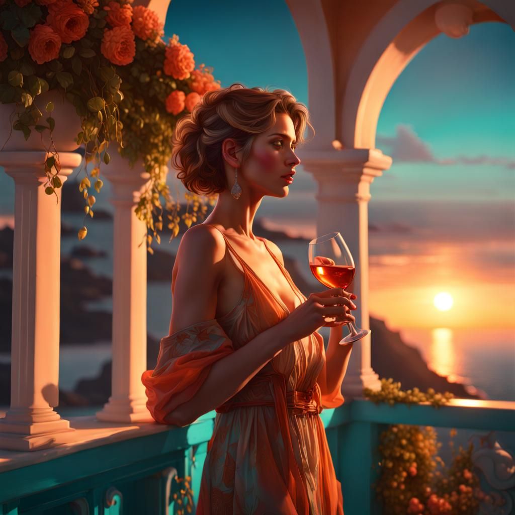 Nerja Sunset: Photorealistic Art Nouveau Concept
