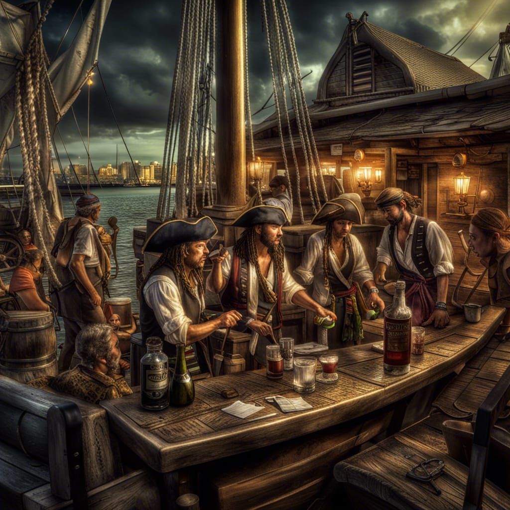 Pirates Scan a Busy Dock, Hyperrealistic Image