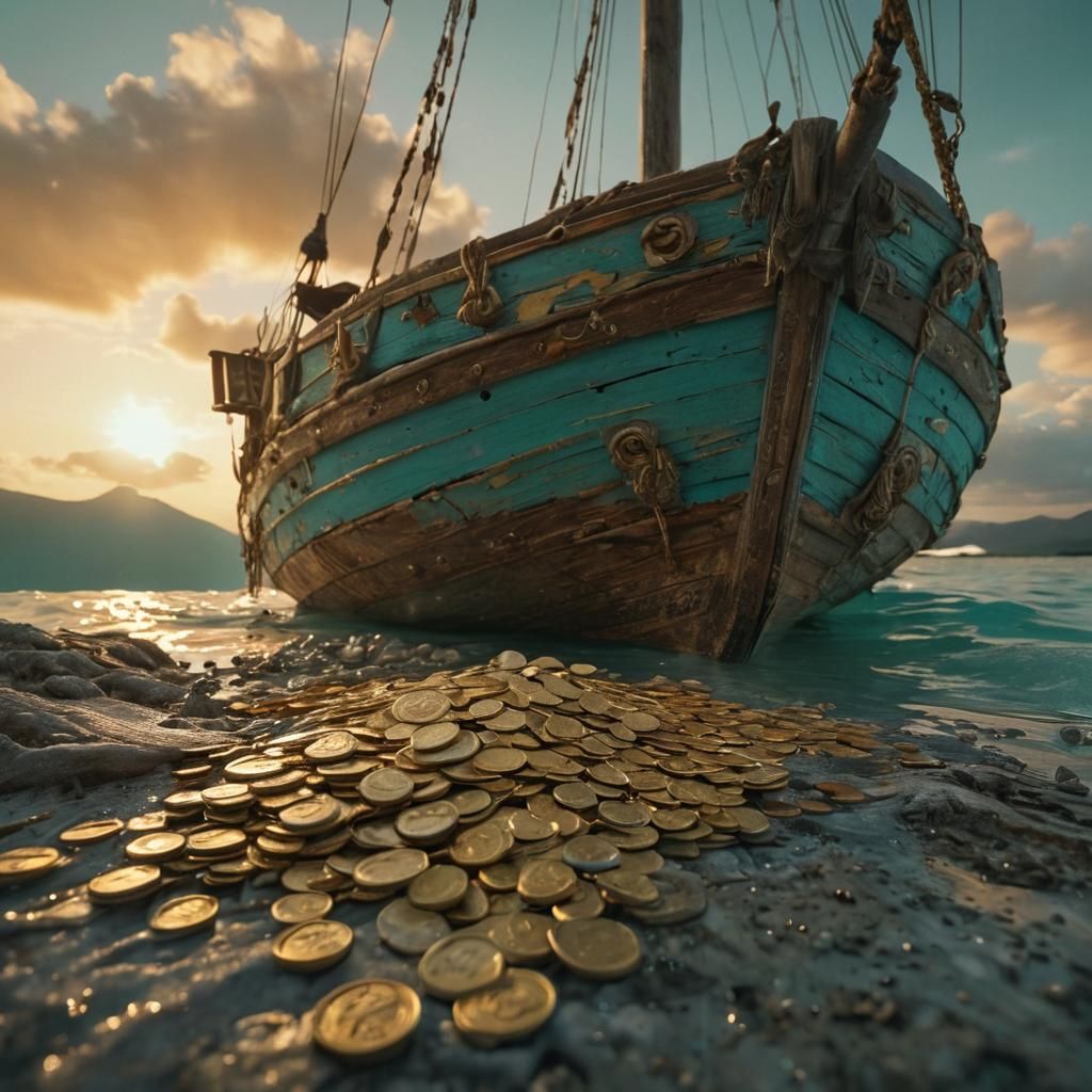 Treasure Overflowing on Sailboat at Sunset