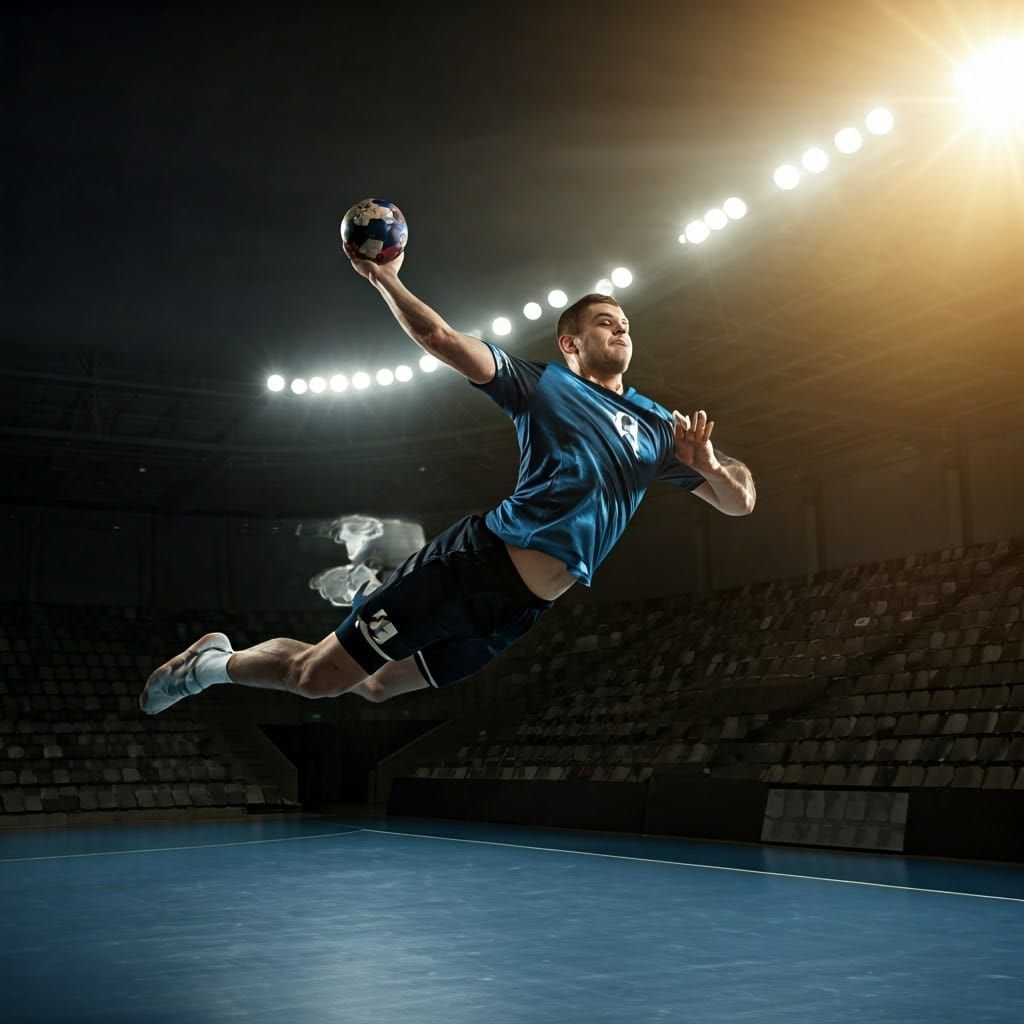 Powerful Handball Player in Mid-Air Throw
