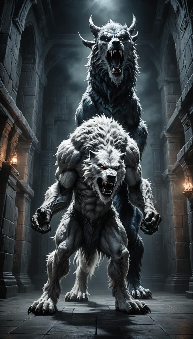 Muscular White Werewolf Howling in Dark Castle Hall