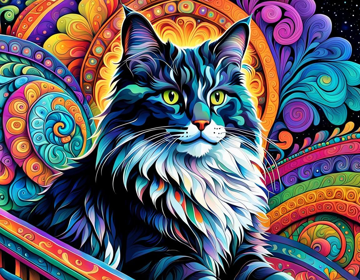 Psychedelic Norwegian Forest Cat on Gypsy Wagon