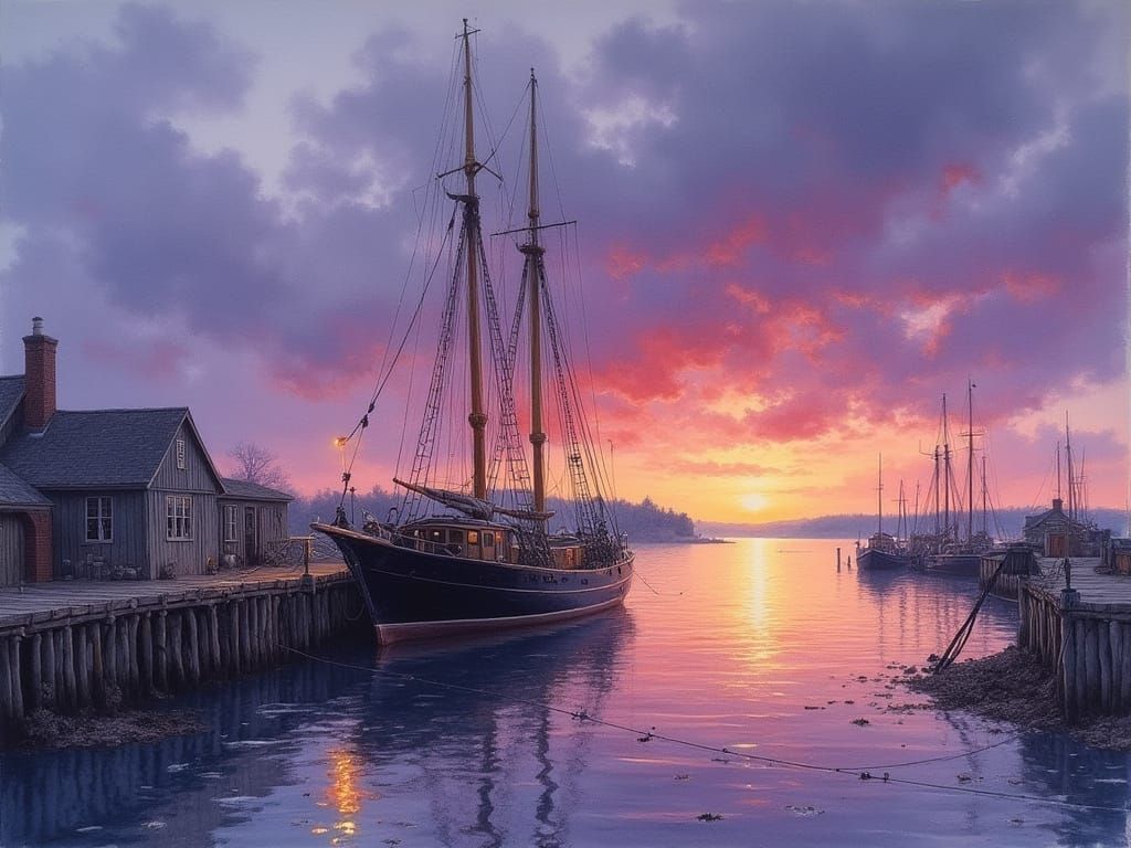 Fishing Schooner at Dusk in Watercolour Style