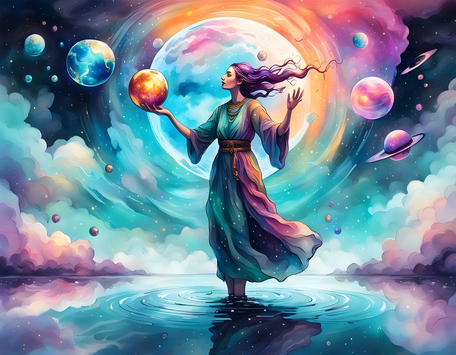 Druid Woman Juggling Planet and Dice in Ecoline Ink