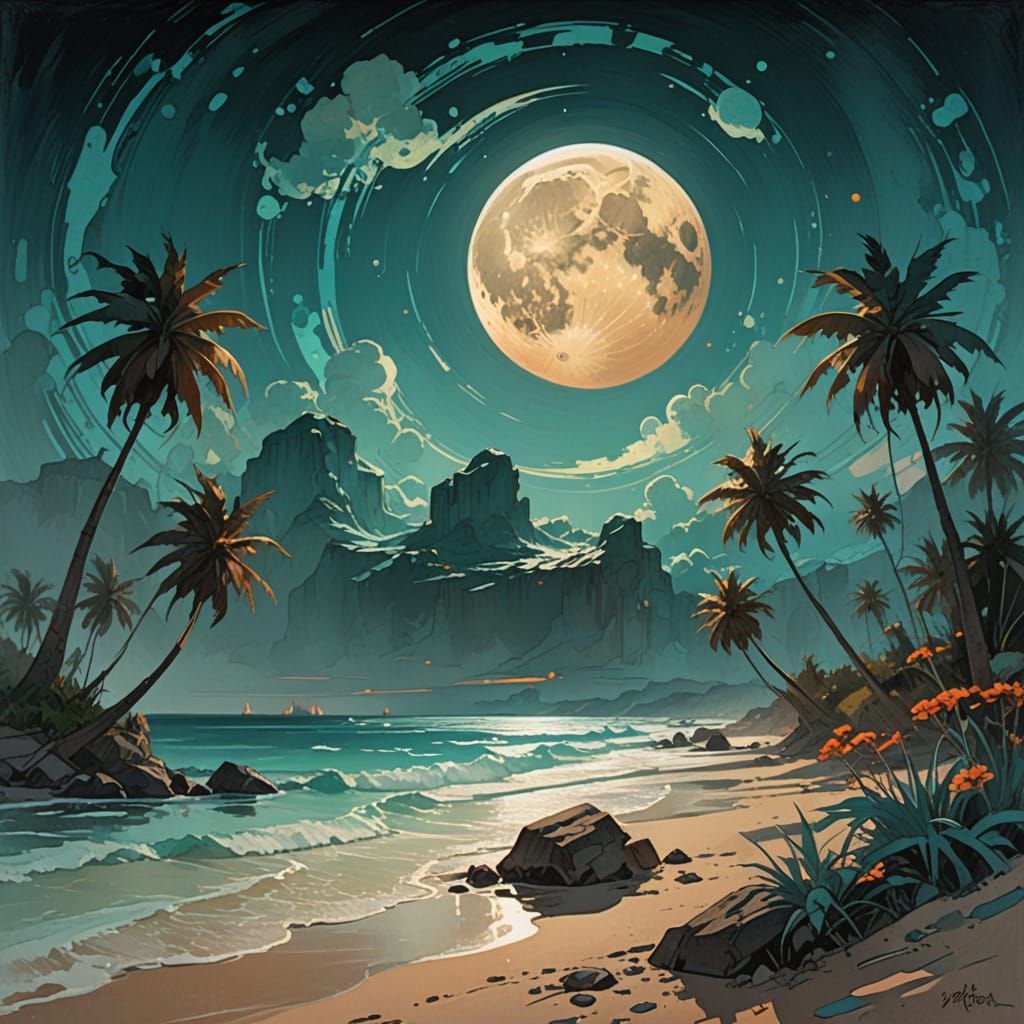 Moonlit Beach with Palms in Impressionist Gouache Style