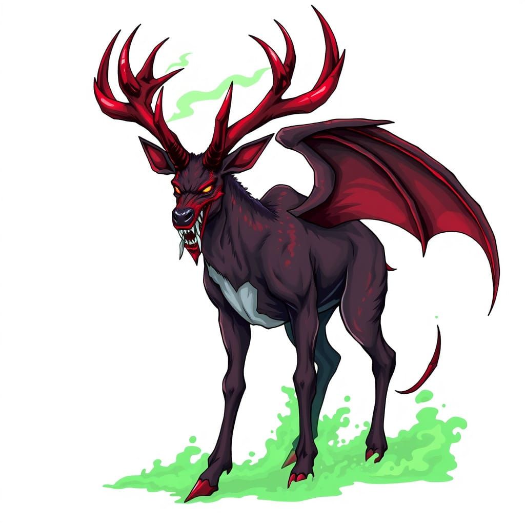 Surreal Anime JRPG Demon Deer with Bloodstained Horns and Fa...