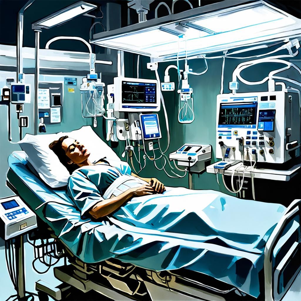 Intubated Woman in Hospital: Moody Aquarelle Realism