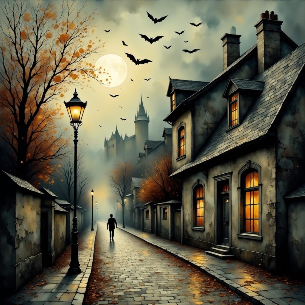 Eerie Autumn Street Lamp in Fog