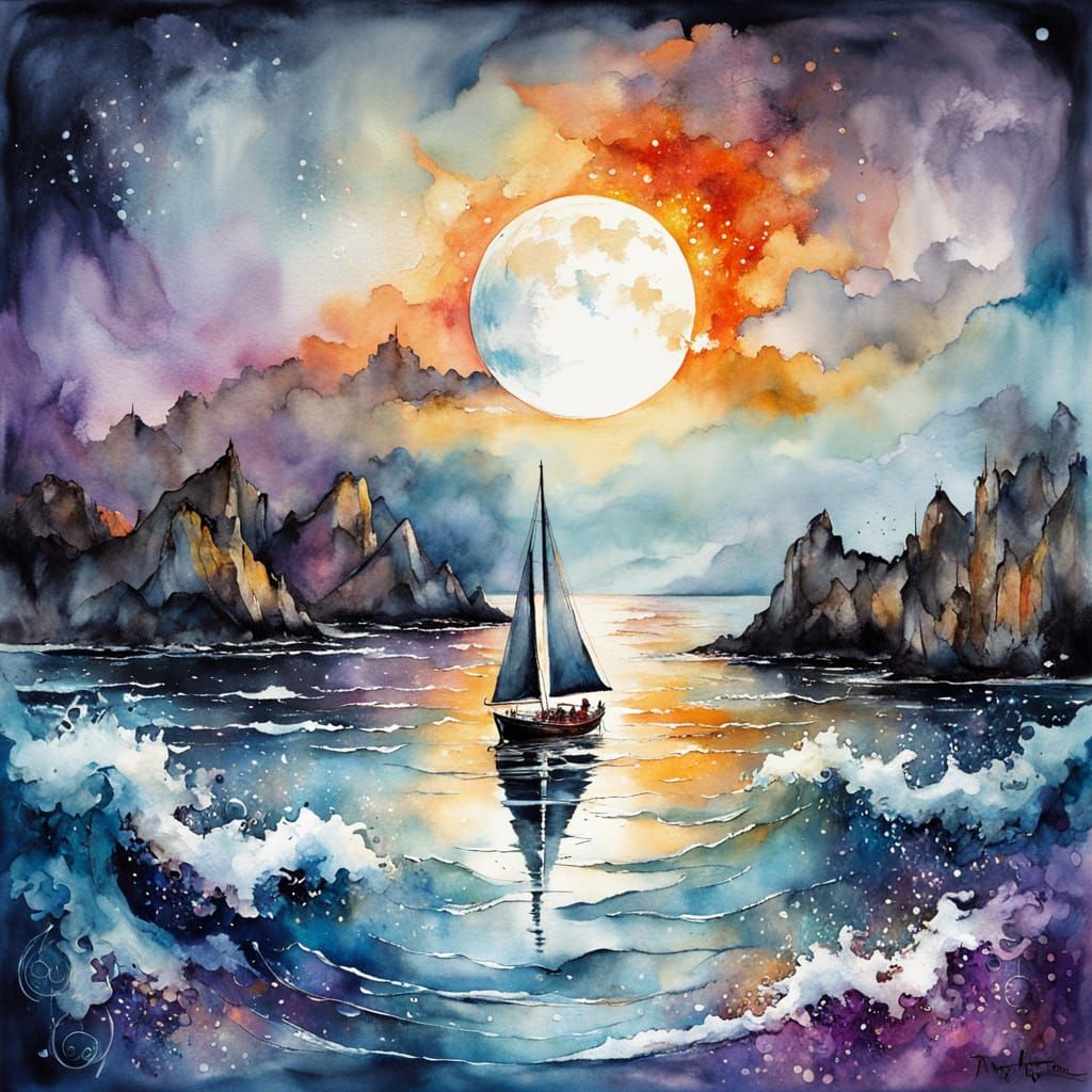 Dreamy Sailboat on Moonlit Ocean: Ethereal Watercolor Seasca...