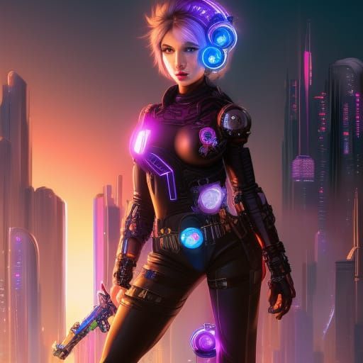 Chibi Cyberpunk Woman Portrait: Detailed Digital Art