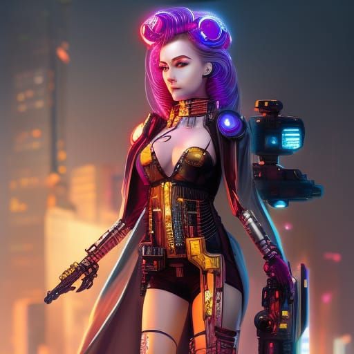 Chibi Cyberpunk Woman Portrait: Detailed Digital Art