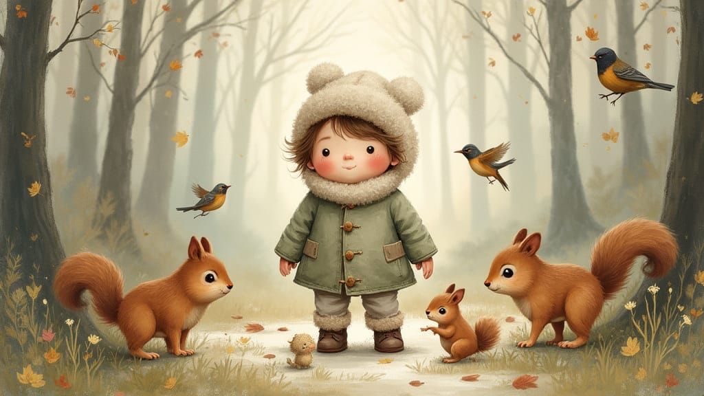 Serene Scandinavian Woods Scene with Child and Animals