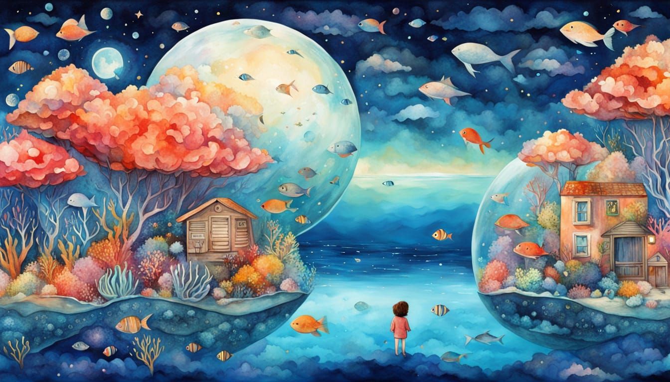 Underwater Human City: A Surreal Aquarelle Dream