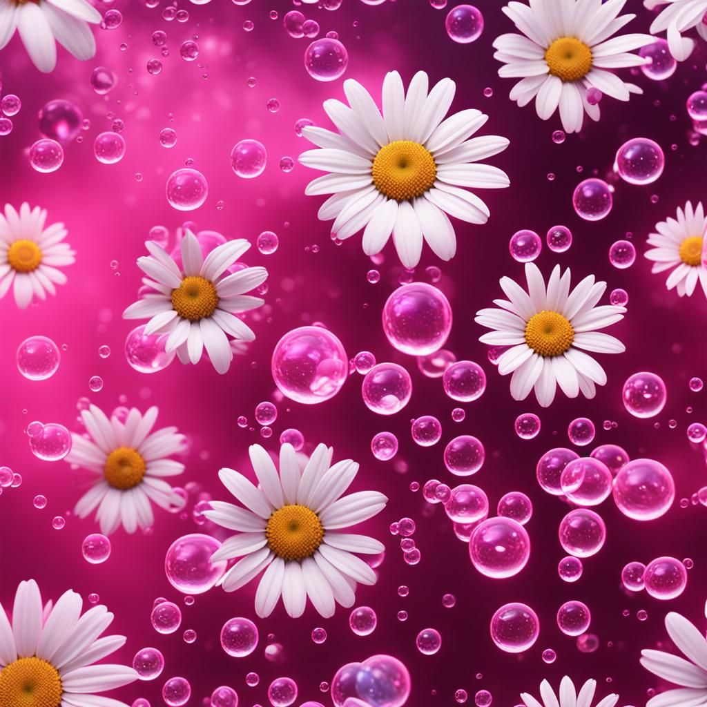 Pink Bubbles on White Daisies in Detailed Matte Painting