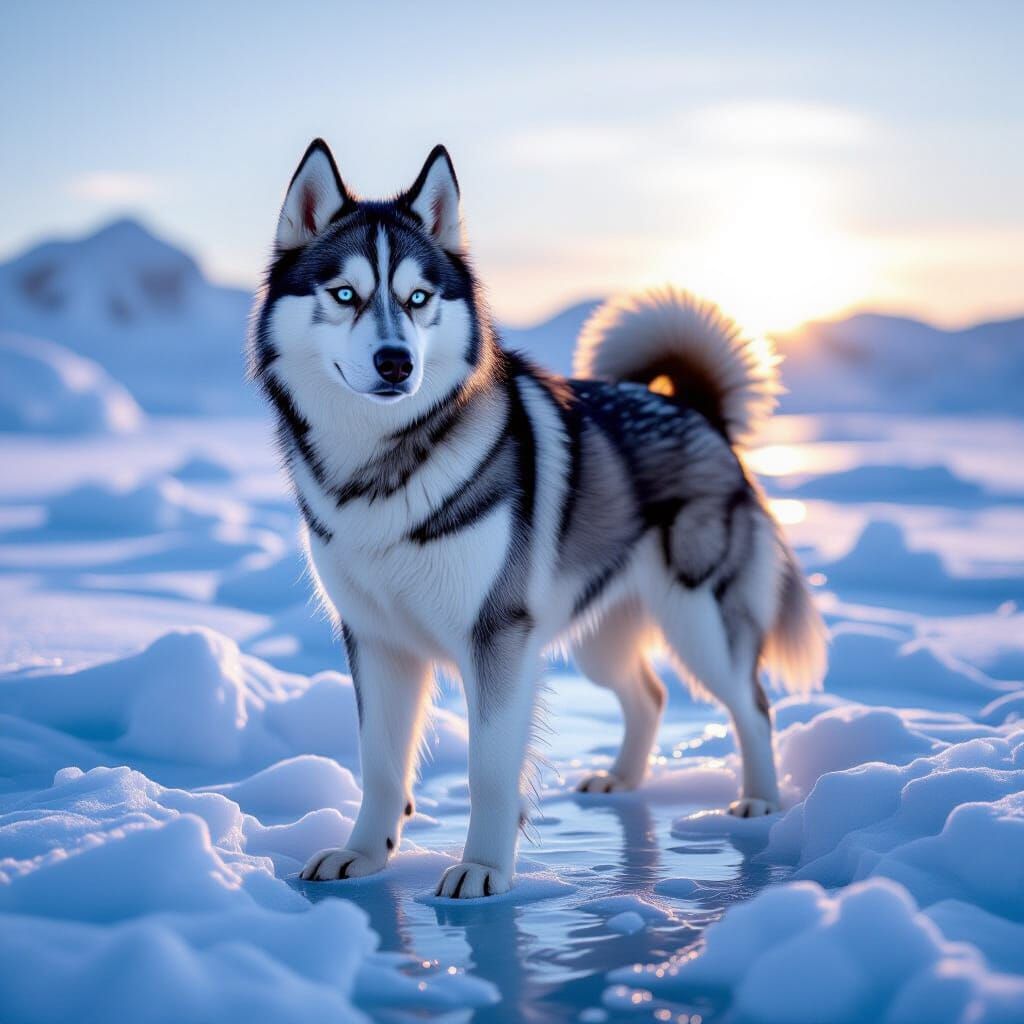 Husky Dog Made of Water and Ice on Frozen Tundra
