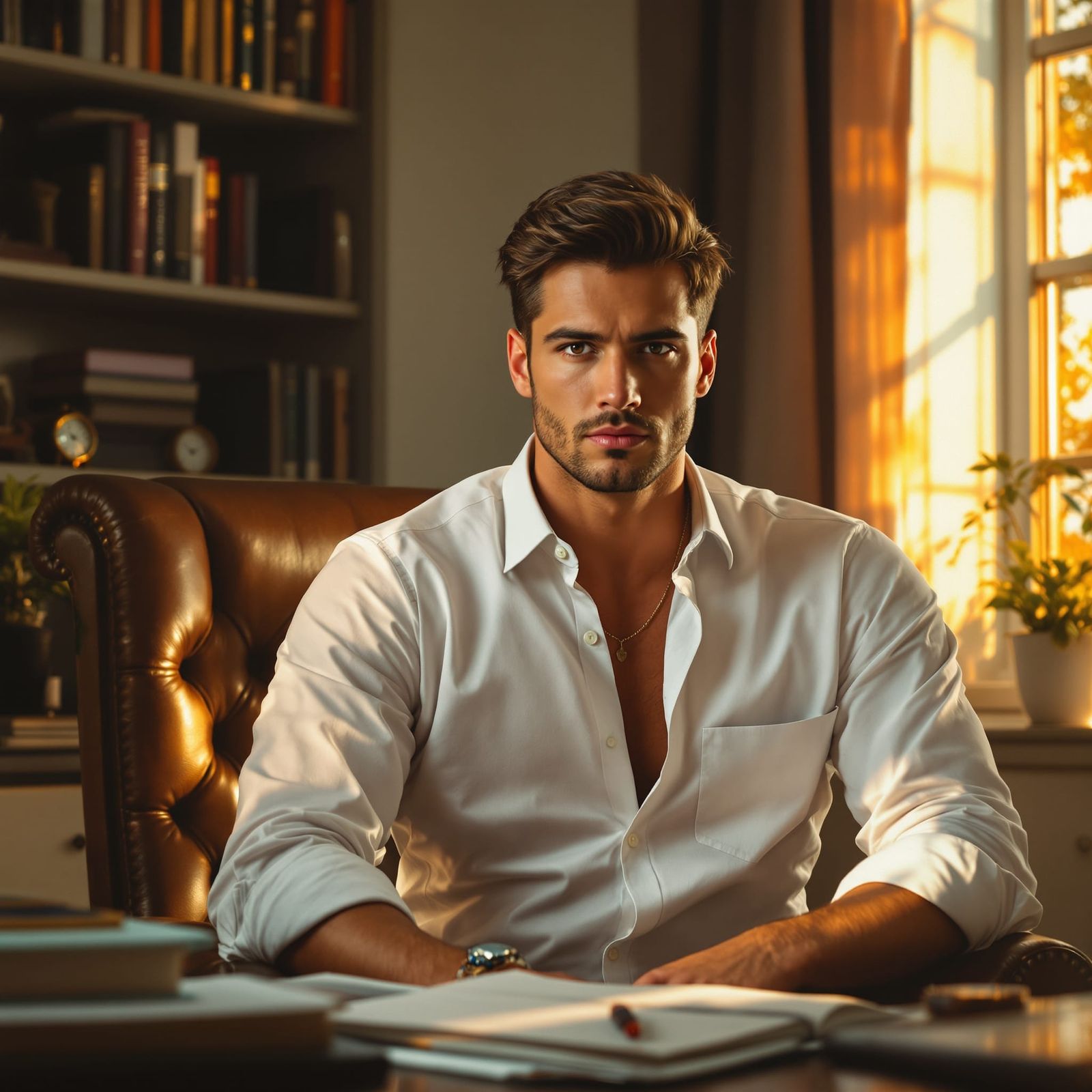 Therapist in Sunlit Office as Cinematic Realism Painting