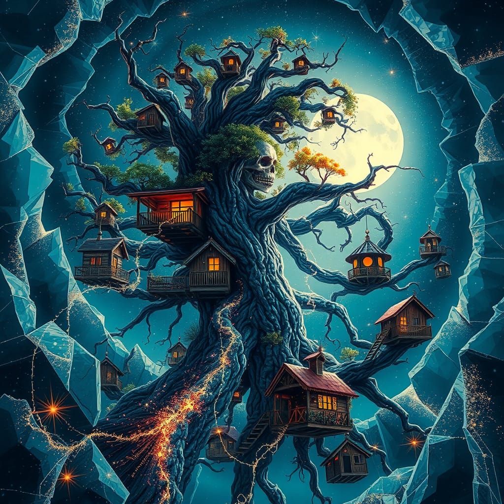 Starlight Figure in Floating Treehouses: Surreal Digital Art