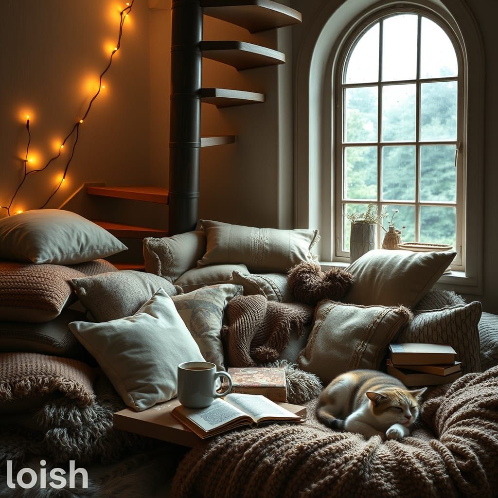 Cozy Reading Nook with Cat and Fairy Lights