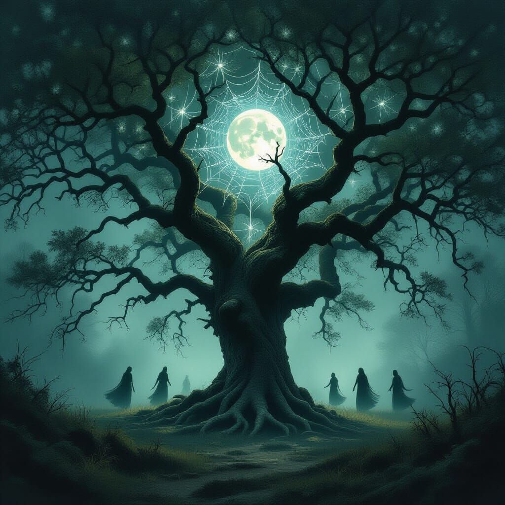 Ancient Oak Tree Crowned in Moonlight and Mist