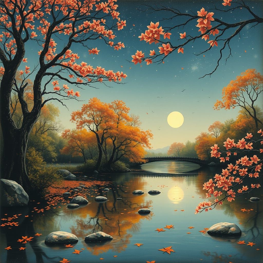 Autumn Equinox River in Suminagashi Style