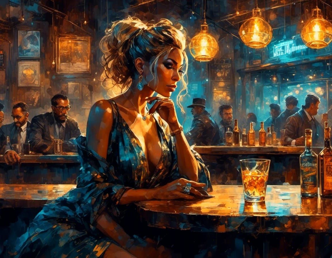 Woman at Bar with Glass in Digital Ink Art