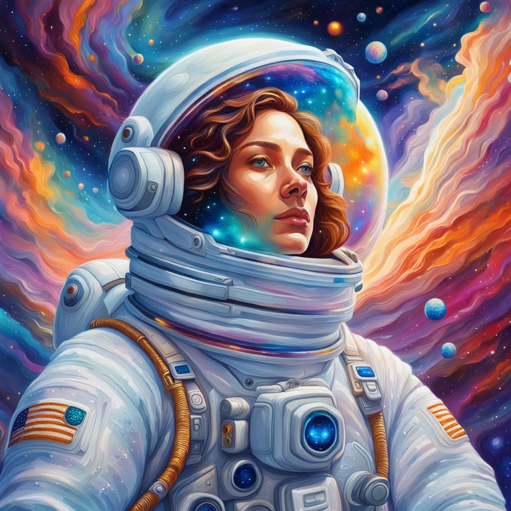 Astronautical Cosmic Woman in Nebula: Oil Painting