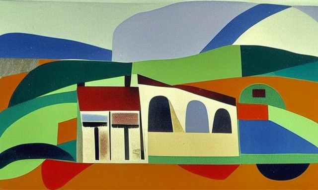 Countryside House by River in Abstract Collage Style