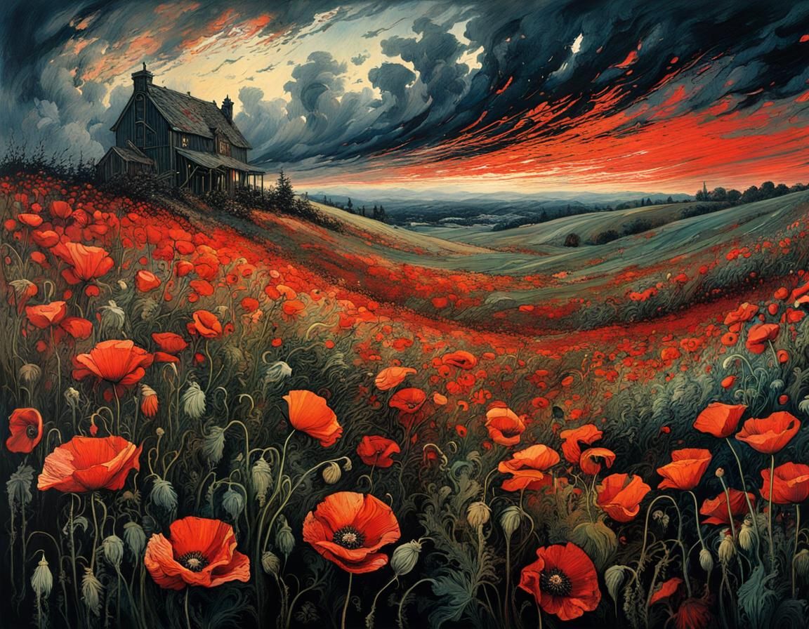 Stormy Poppy Field in Detailed Golden Age Illustration Style