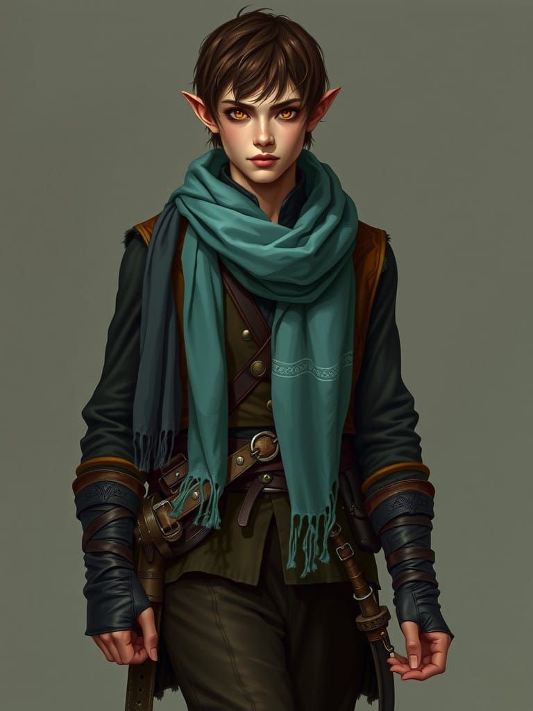 Half-Elf Warrior Posed in Earthy, Weathered Attire
