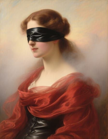 Mysterious Woman in Silk and Blindfold in Dreamlike Mist