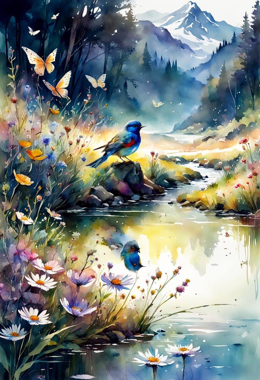 Enchanting Watercolor Fantasy Bird in a Vibrant Meadow