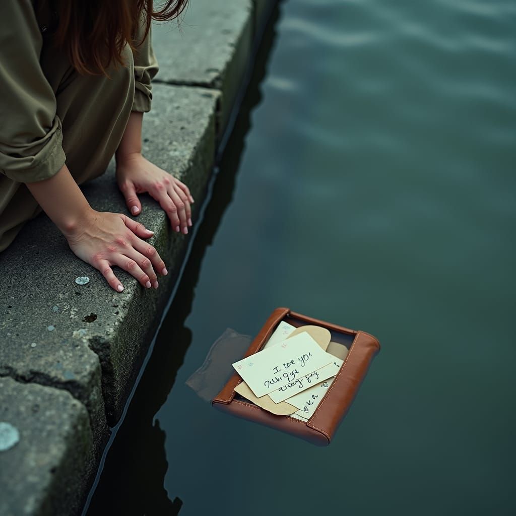 Figure Gazing at River with Submerged Satchel