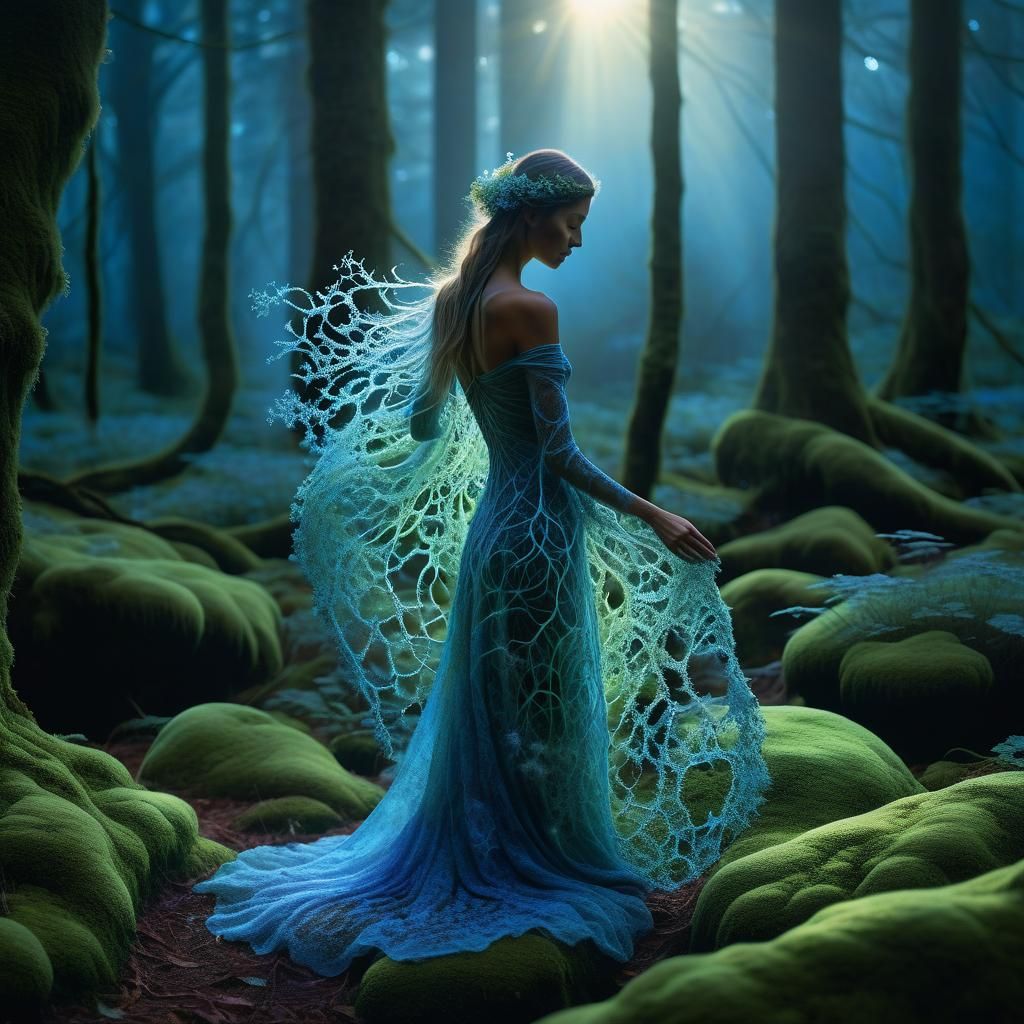 Bioluminescent Moss Woman in Ethereal Forest