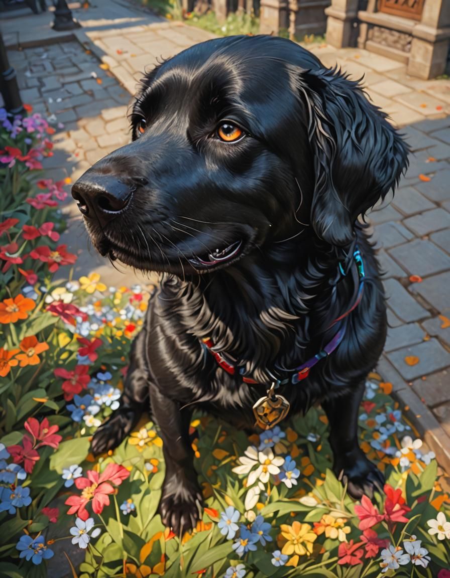 Smiling Black Dog Portrait in Hyperdetailed Style