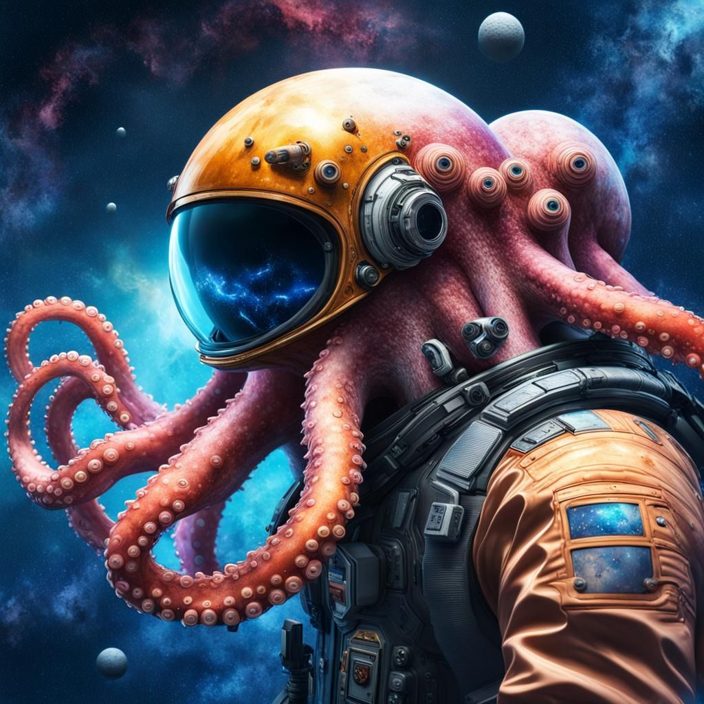 Octopus Space Commander in Deep Space, Surreal Watercolor