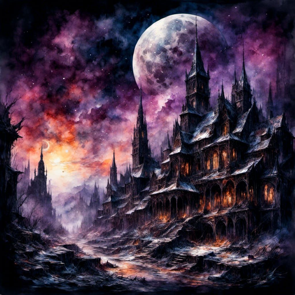 Moon City in Watercolor with Van Gogh Brushstrokes