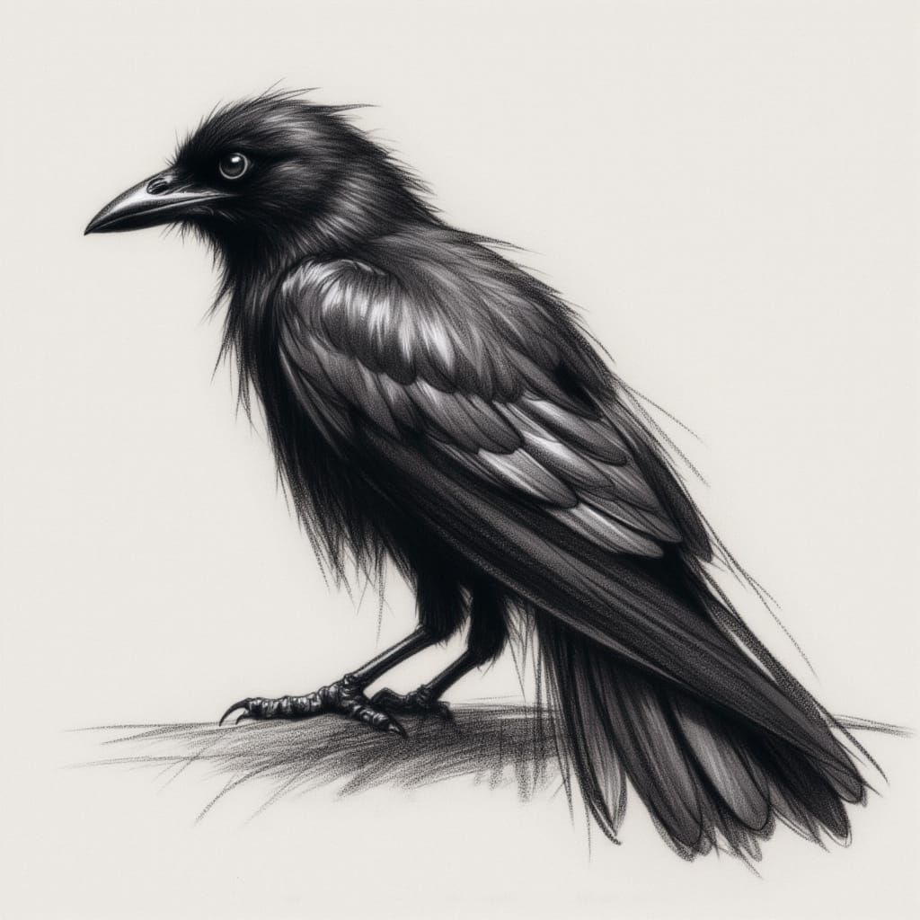 Detailed Charcoal and Pencil Sketch of a Crow