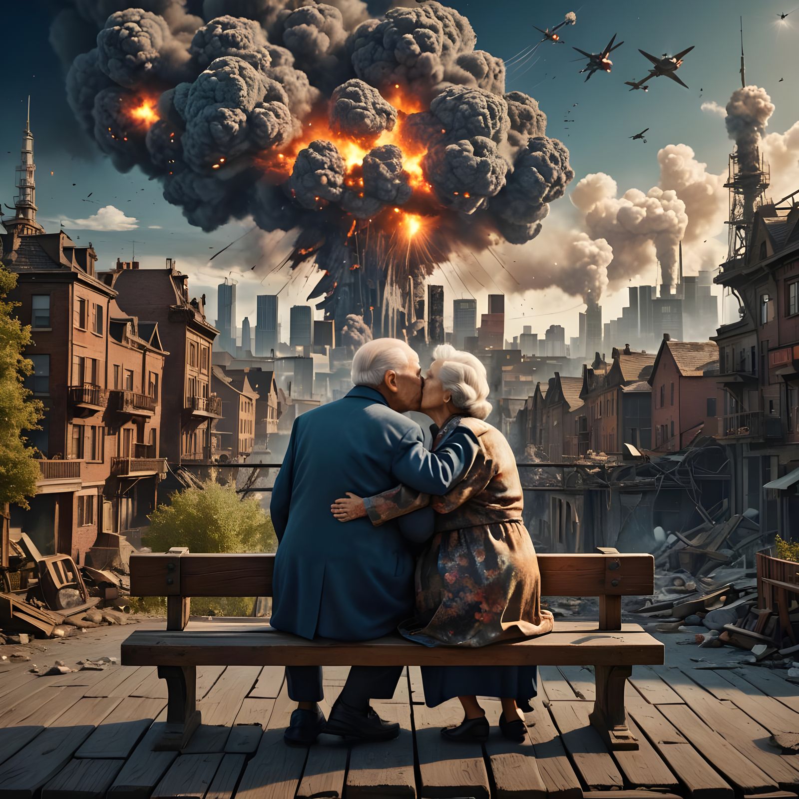 Elderly Couple Kissing Amidst Atomic Cityscape