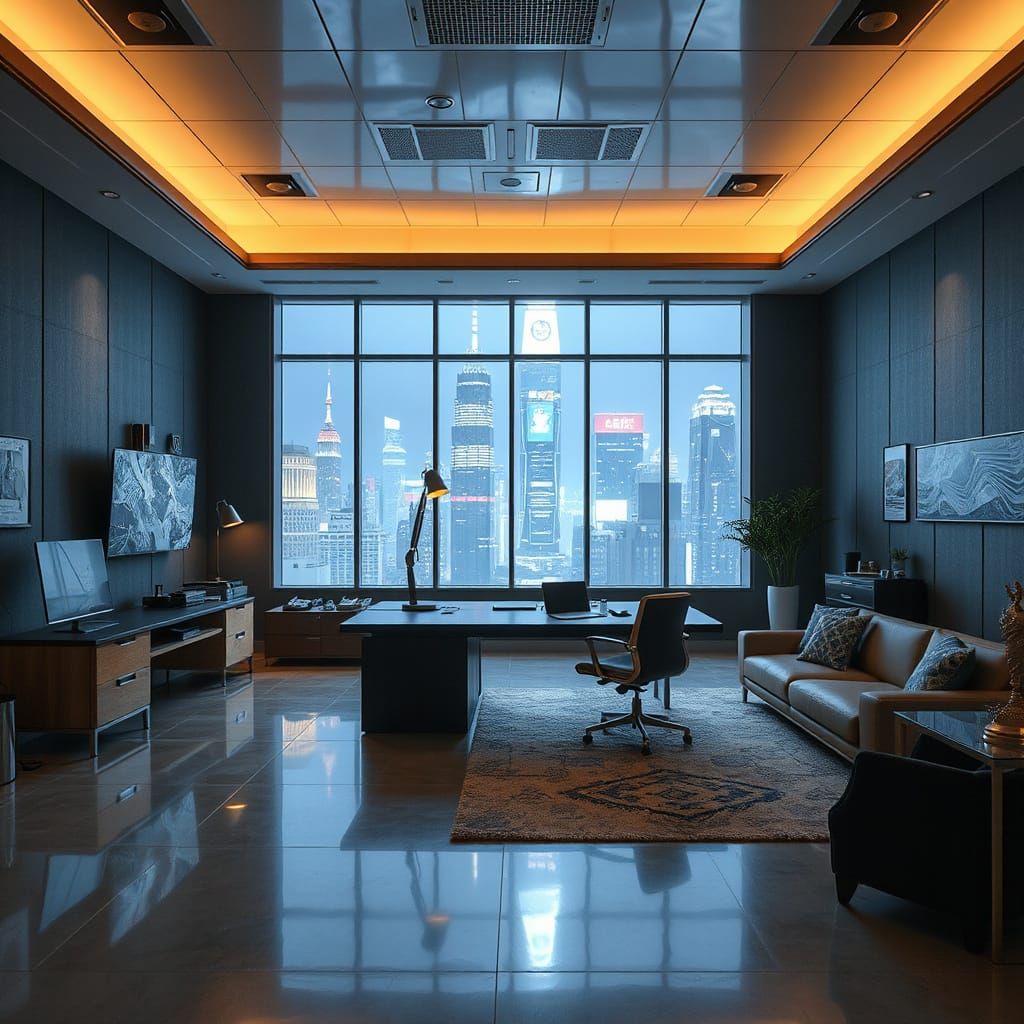 Cyberpunk Corporate Office with Neon City View