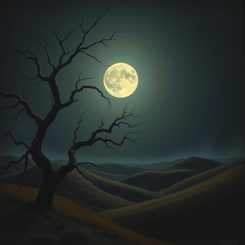 Surrealist Landscape Under Moonlight in a Dreamlike Atmosphe...
