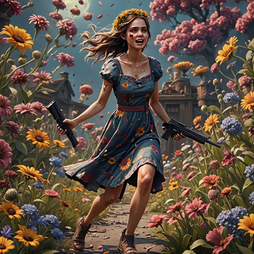 Woman Dancing and Shooting Zombies: Detailed Matte Painting