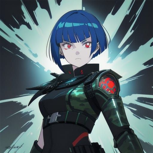 Cyborg Kunoichi with Piercing Red Eyes, in High-Contrast Man...