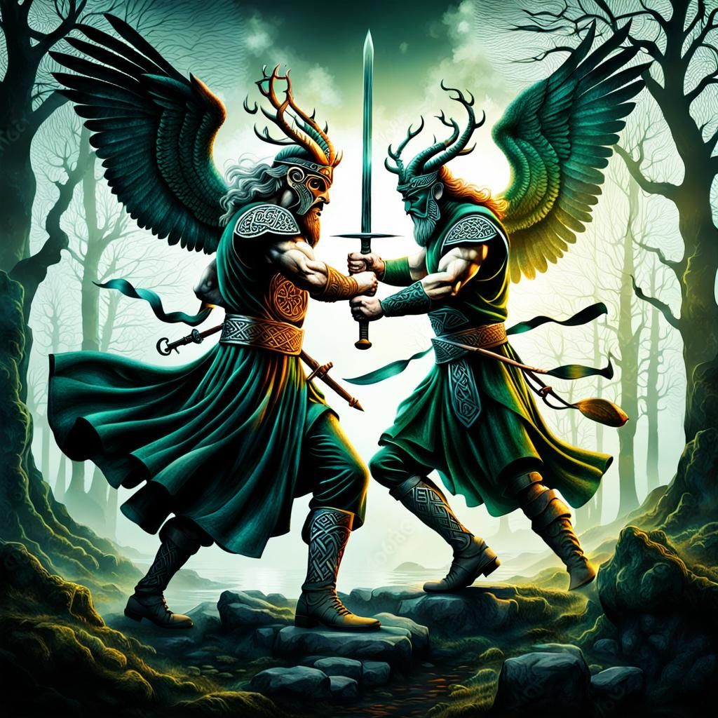 Celtic Gods Engage in Epic Duel Amidst Mystical Creatures