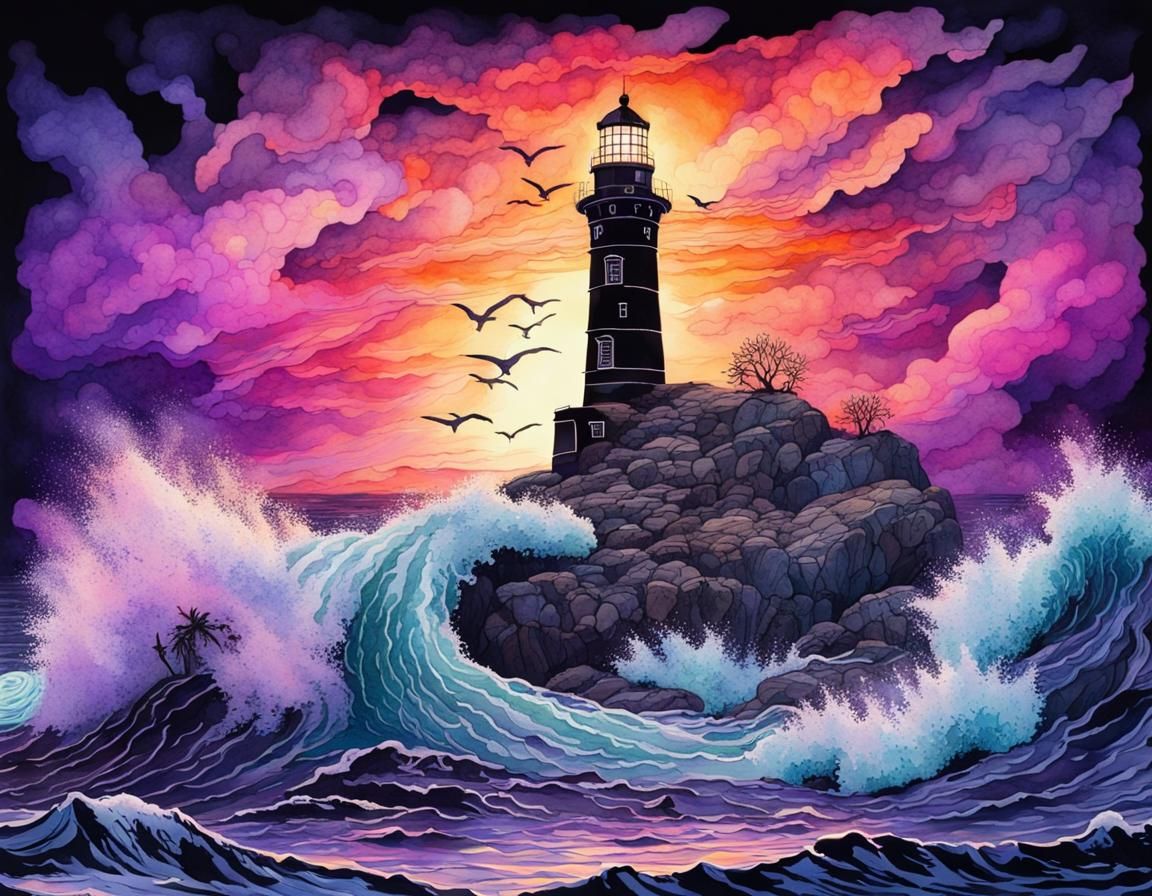 Chaotic Seascape: Lighthouse in Black Light Watercolor