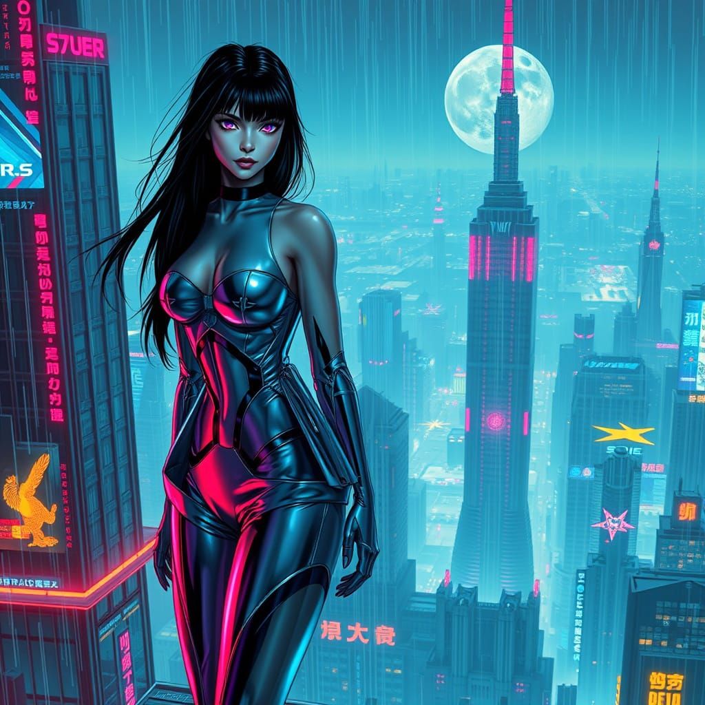 Cyberpunk Goddess Amidst Lunar Skyscrapers