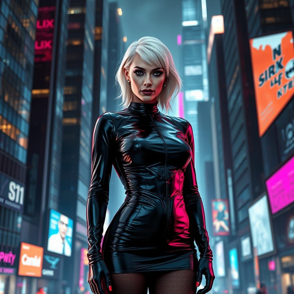 Cyberpunk Woman with Platinum Hair in Cityscape
