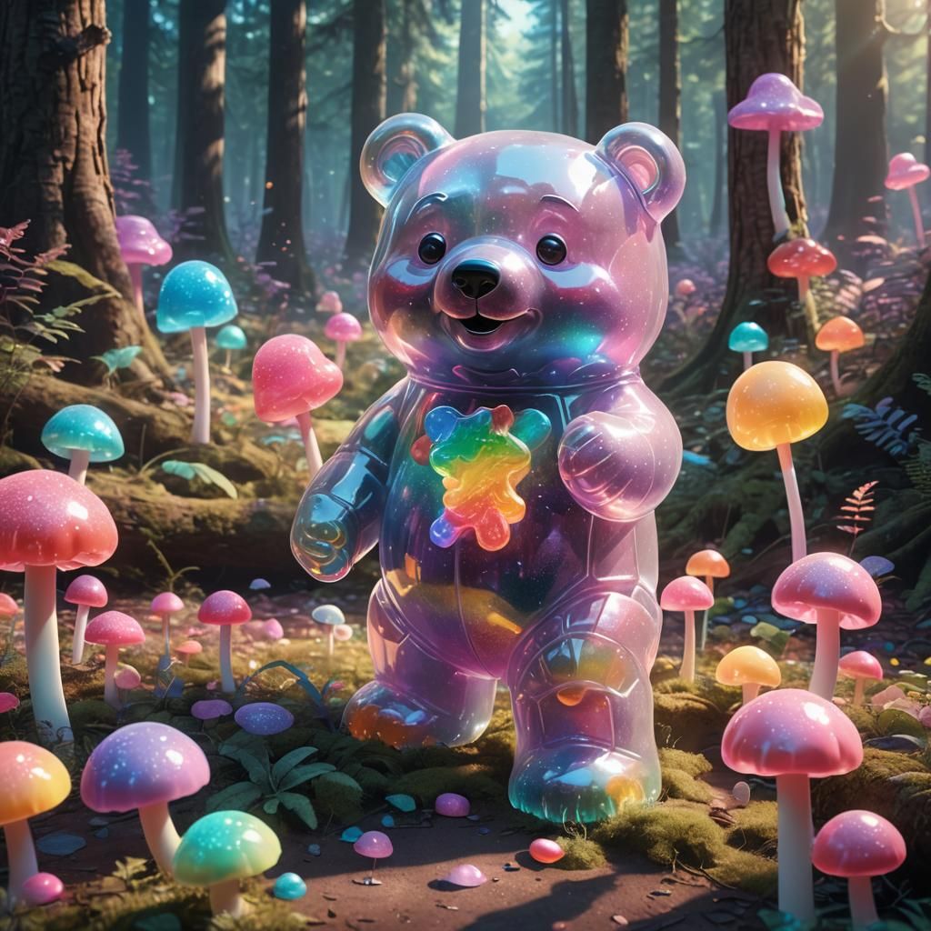 Giant Gummy Bear in Dreamlike Candy Forest